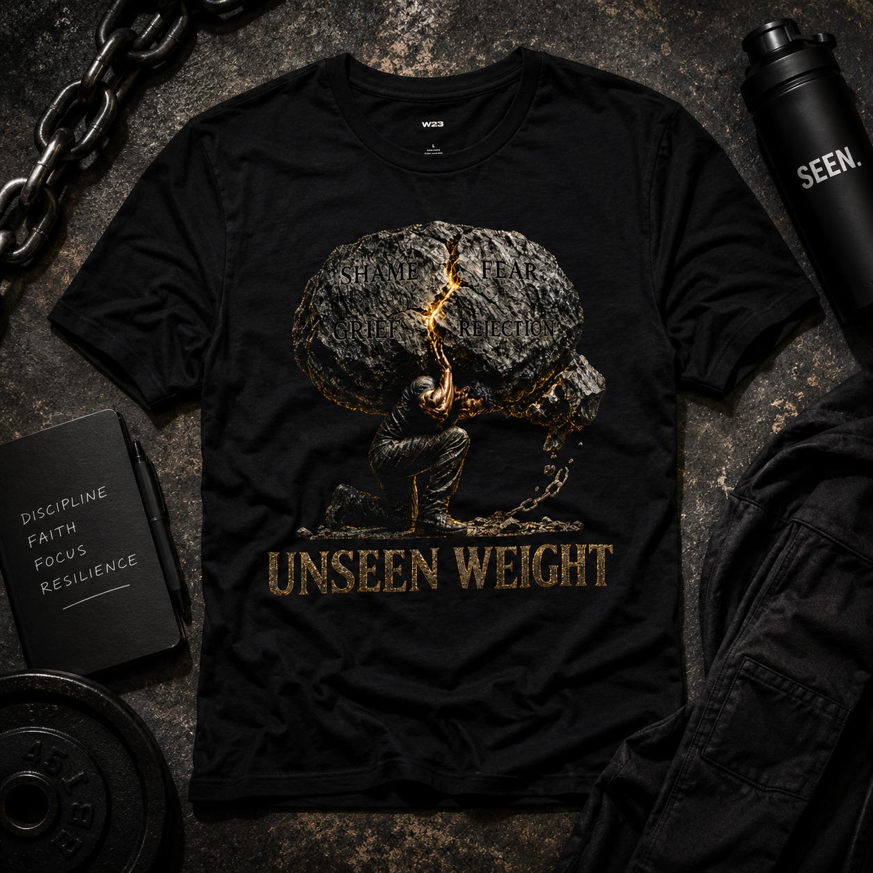 Wear Your Worship Unseen Weight graphic T-shirt from the SEEN: Unmasked Collection, featuring bold design on a casual black tee.