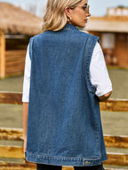 VYSN button down denim vest with front pockets and classic collar, casual sleeveless fashion for women or men.