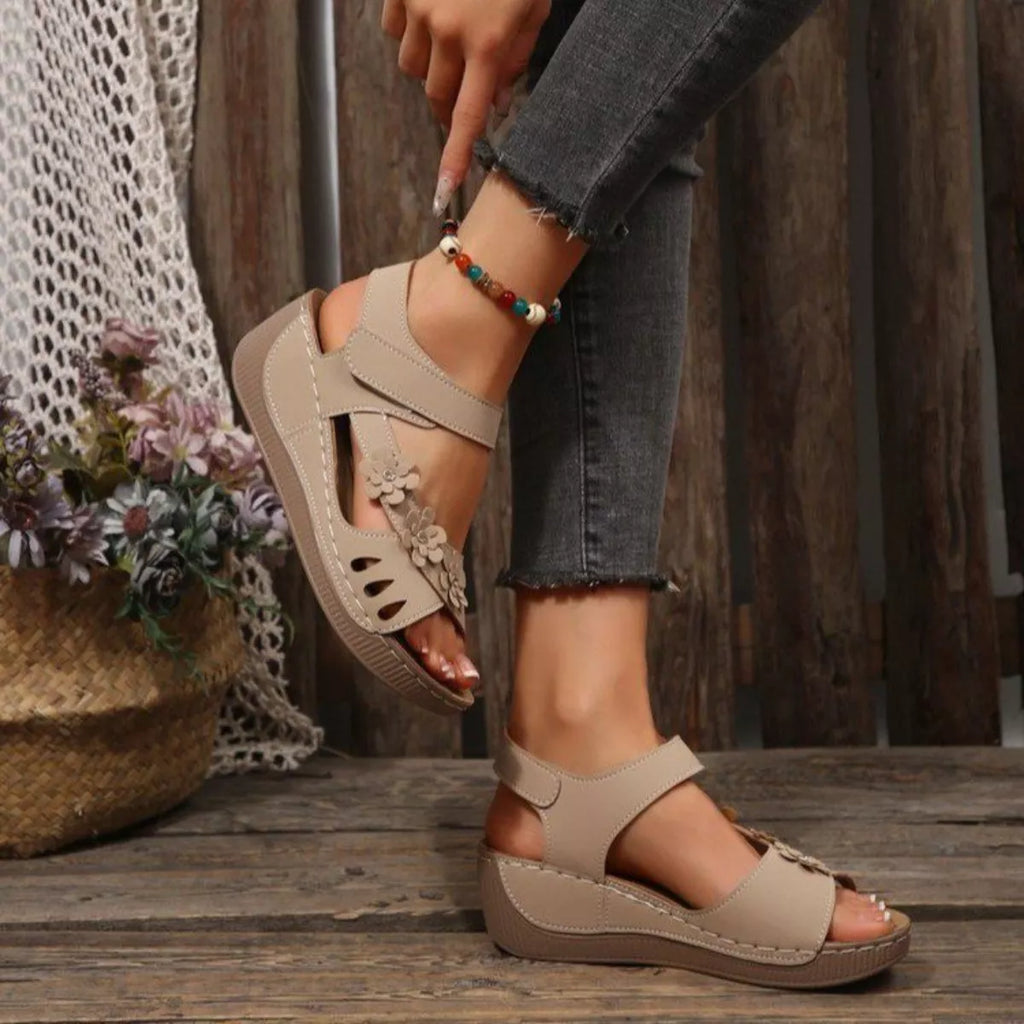 Shopimist floral embellished wedge sandals featuring colorful flower details and comfortable wedge heel for casual summer wear.