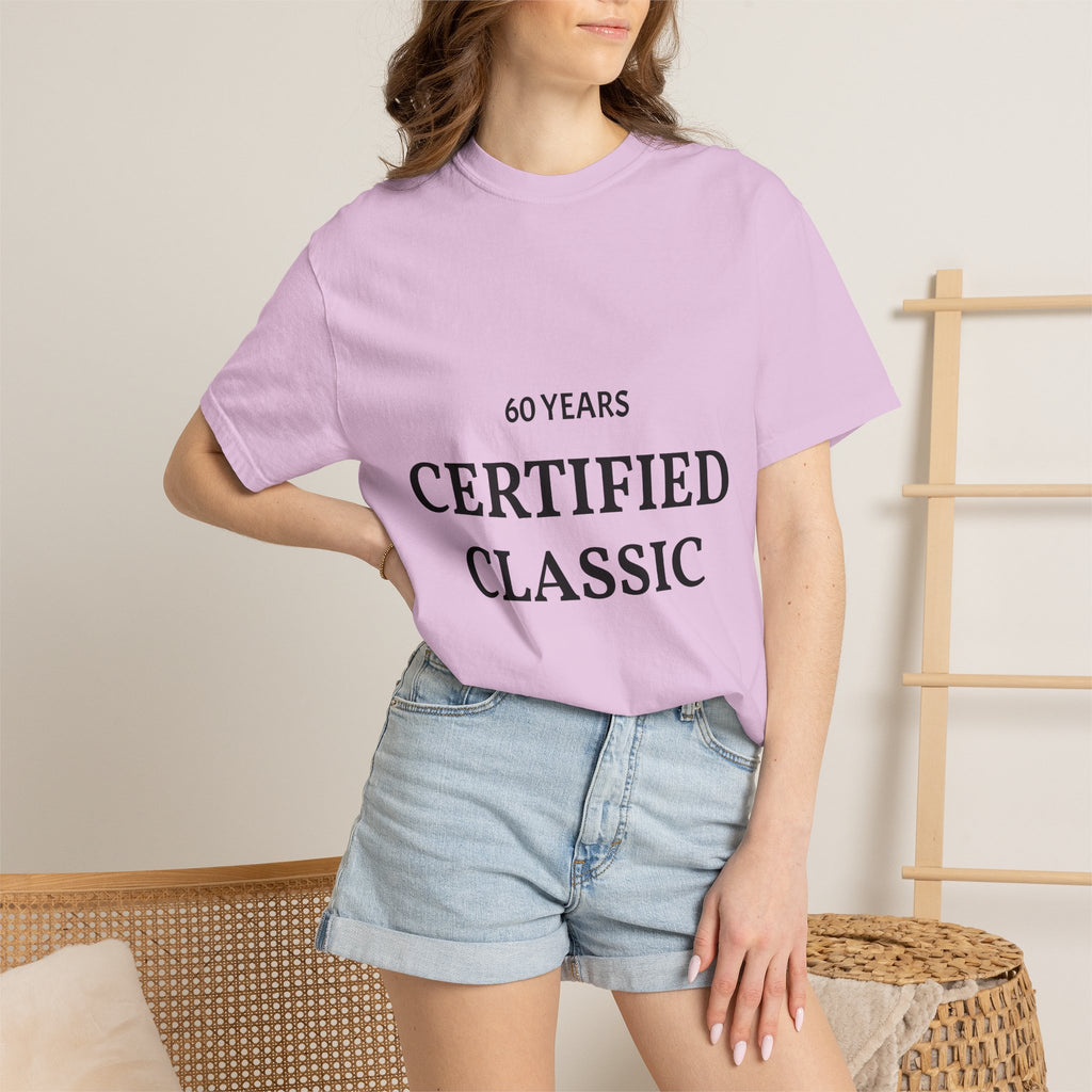 White Certified Classic 60 Years T-Shirt by Printify featuring a vintage logo design on the front.