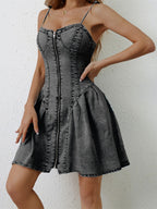 VYSN ruched zip-up denim dress with spaghetti straps, fitted silhouette, and front zipper detail, casual summer fashion clothing.