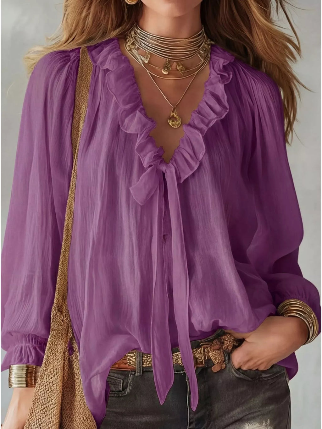 Shopimist ruffle long sleeve blouse with feminine details, featuring soft fabric and elegant design for casual or dressy wear.