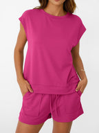 Women's soft round neck cap sleeve lounge set with drawstring shorts, featuring a comfortable 2-piece design from Plush Fashion Hub.