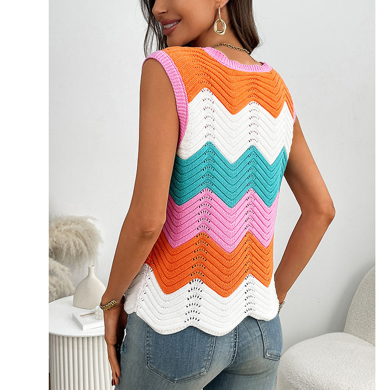Women's rainbow-striped cropped sweater vest from FitiqueFit, casualwear with colorful horizontal stripes and a relaxed fit.