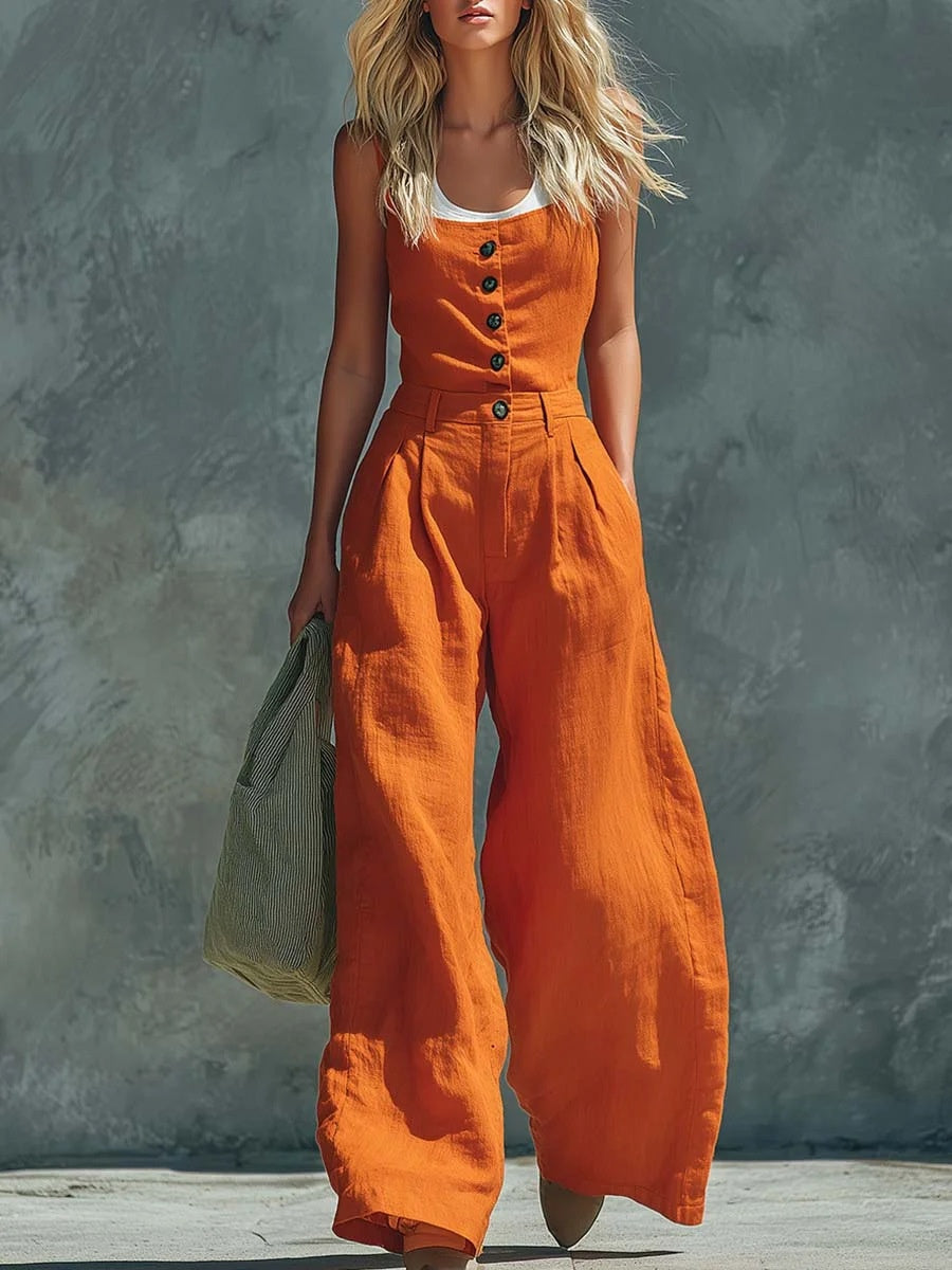Women's retro button-front high-waist wide-leg jumpsuit by Plush Fashion Hub, casualwear style, shown on model with relaxed fit.