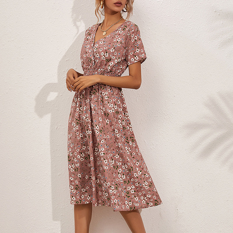 V-neck floral print satin maxi dress by FitiqueFit, showcasing an elegant A-line design in a vibrant floral pattern.