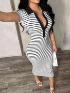 Striped polo collar midi dress by Shopimist featuring a fitted silhouette and classic design, shown on a model.