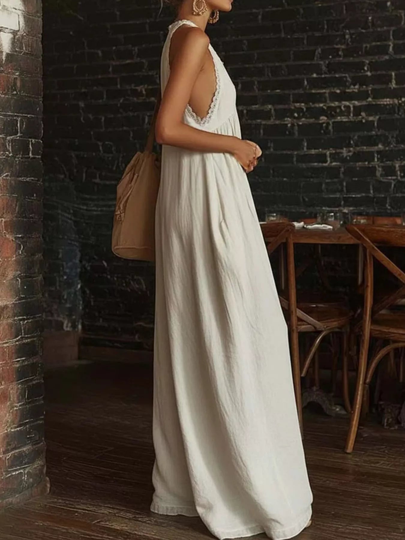 Plus size halter neck lace trim wide-leg jumpsuit from Plush Fashion Hub, stylish playsuit with elegant lace details and a flattering fit.
