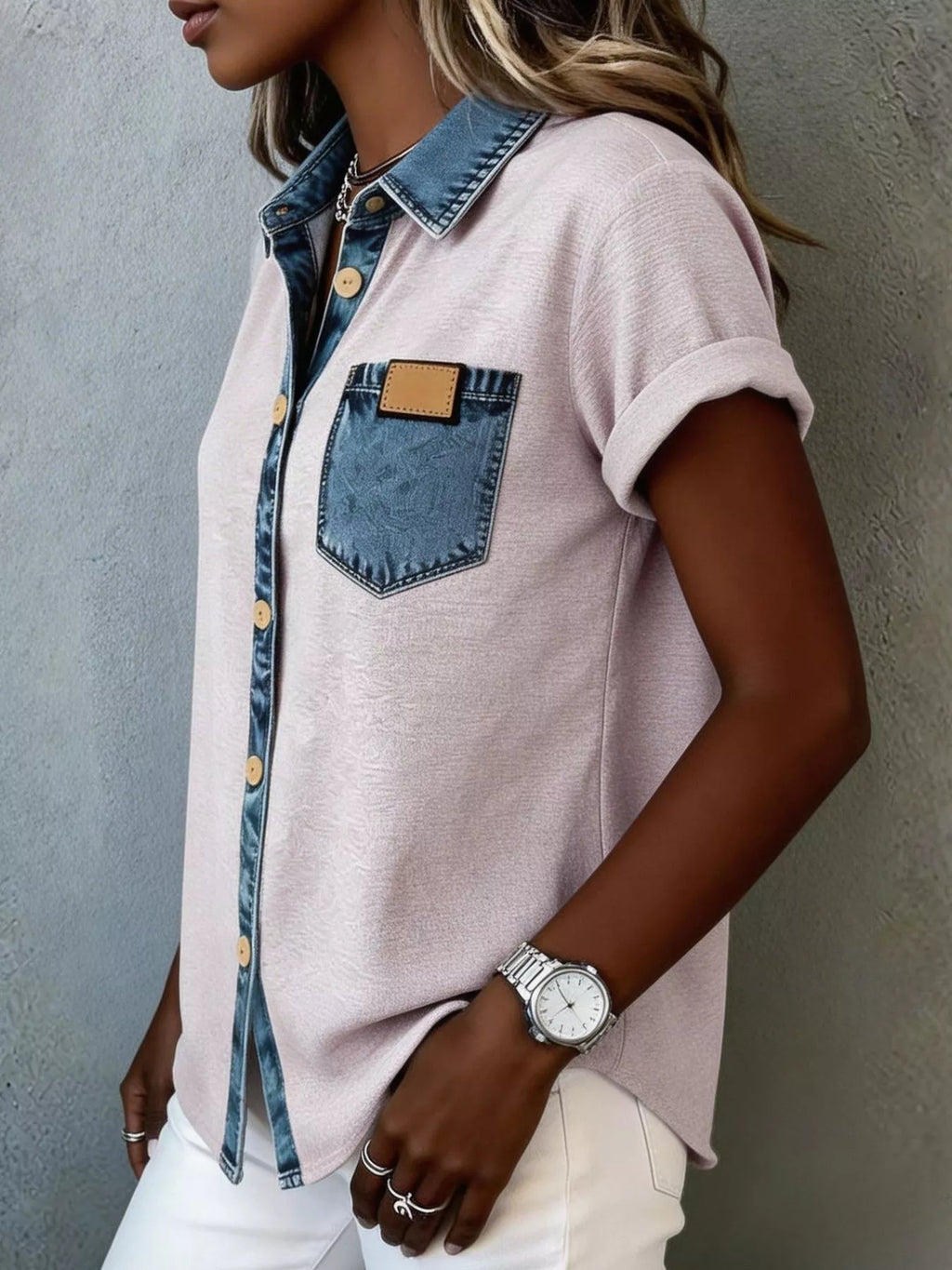 Plush Fashion Hub denim trim short sleeve shirt, casual tops with denim accents and a classic fit, suitable for everyday wear.