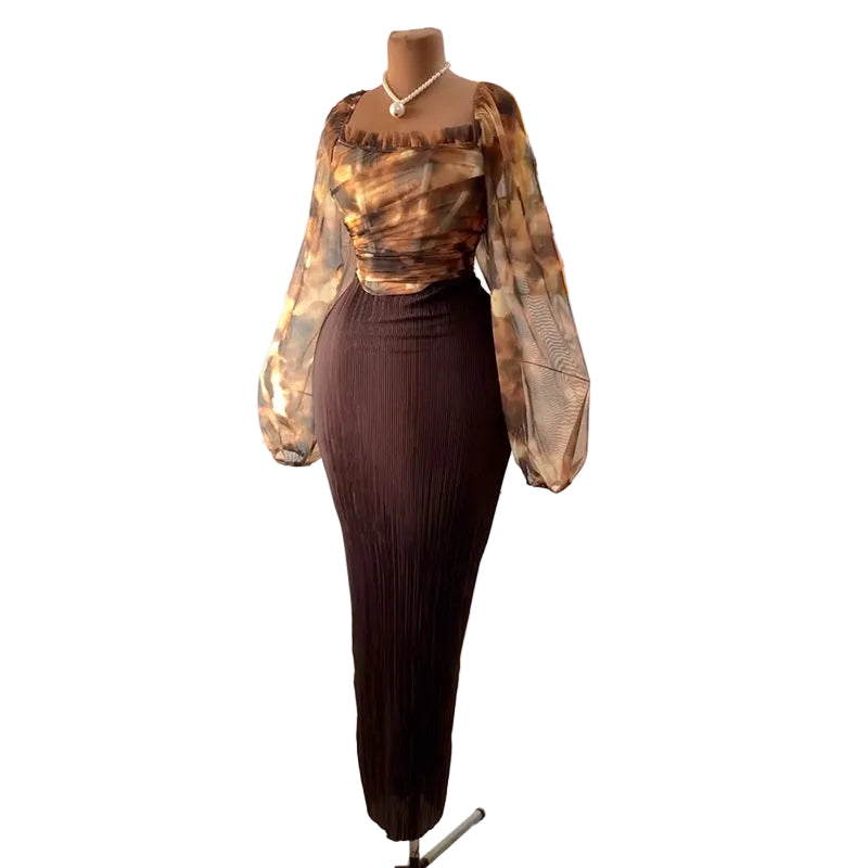 Square Collar Lantern Sleeve Top & High-Waisted Skirt Set
