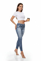 Retro denim-look butt-lifting yoga leggings by FitiqueFit, high-elastic fitness pants with a stylish denim appearance.