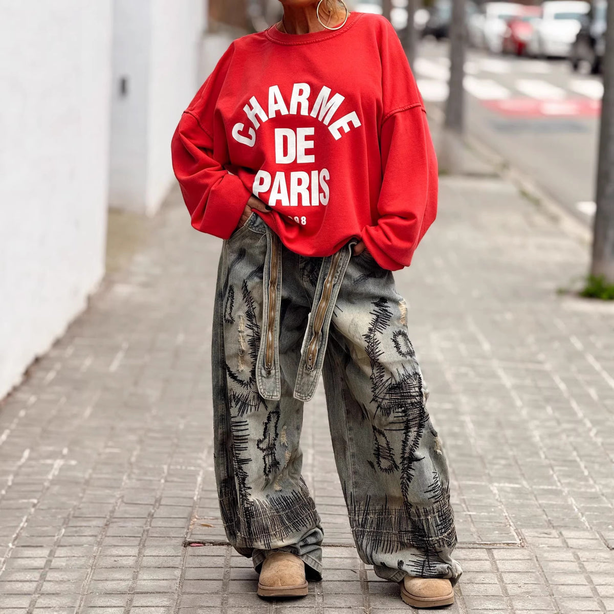 Eprolo Bear Bow 3D optical illusion print denim jeans with unique geometric design and detailed stitching on front and back.