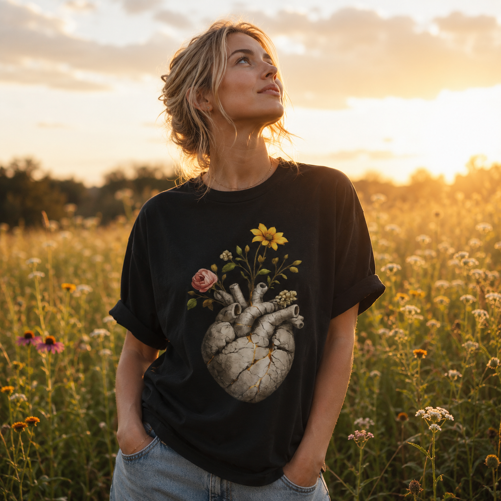 Wear Your Worship Growing Through What Broke Me T-shirt featuring a bold graphic design on soft fabric in black.
