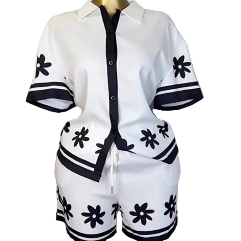 Colorblock Printed Collared Shirt and Shorts Set