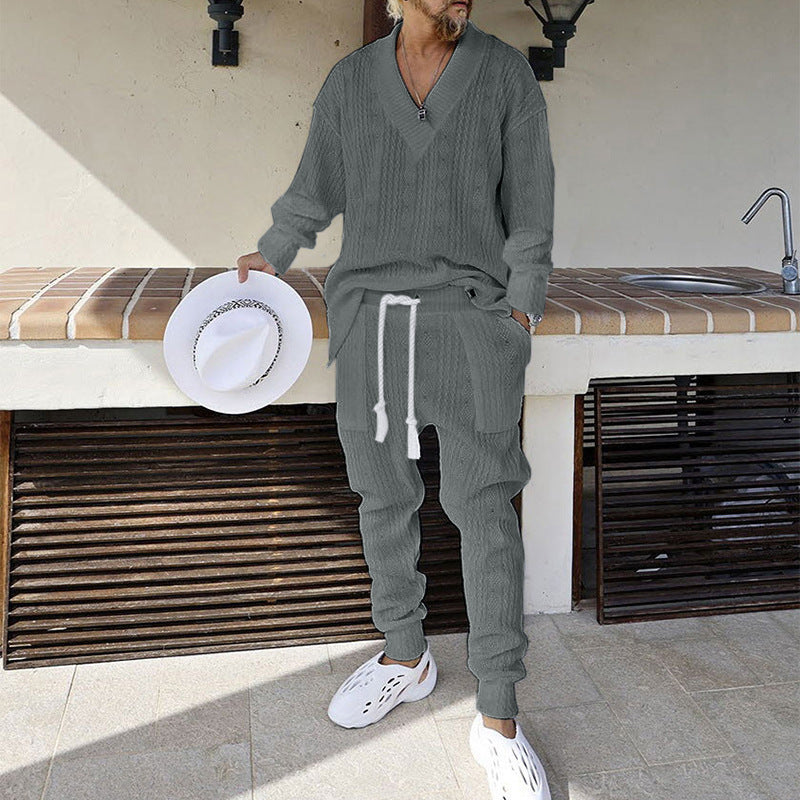 Plush Fashion Hub relaxed knit lounge set with long sleeve top and matching trousers, cozy and stylish for comfortable wear.