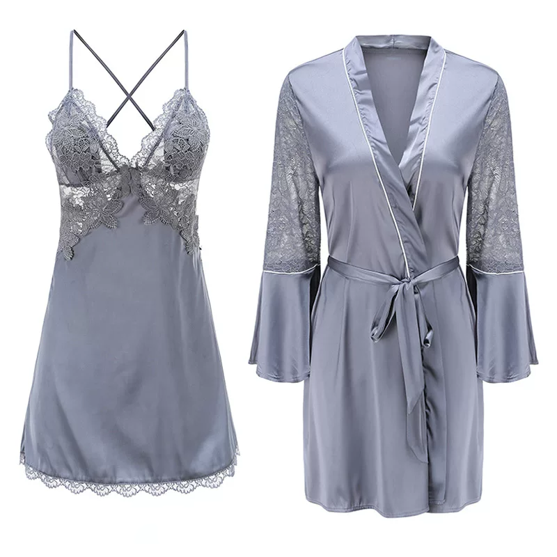 Plus Size Women's Ice Silk V-Neck Lace Suspender Nightgown