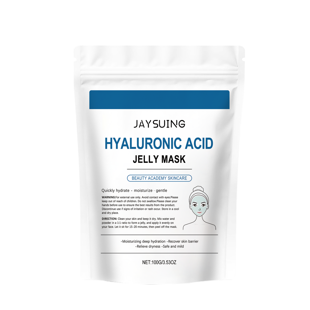 White matte foil pouch of Jaysuing hyaluronic acid jelly mask with blue and black text and illustration.