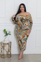 Plus size Fasheabe To The Beat dress with vibrant pattern and flowing fabric, perfect for stylish occasions.