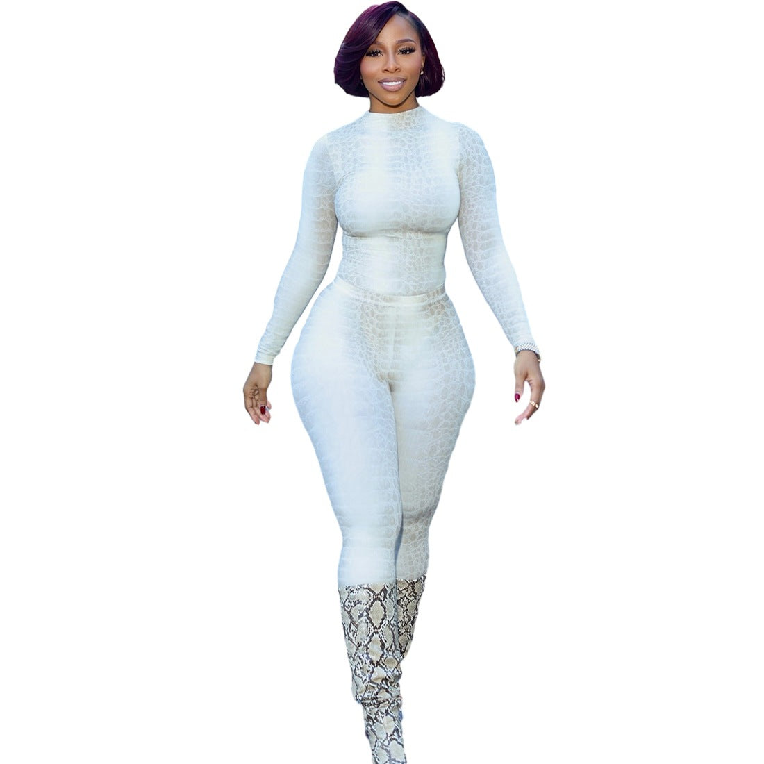 Eprolo serpentine print long sleeve fitted jumpsuit with matching pants, stylish and tight-fitting for a sleek look.