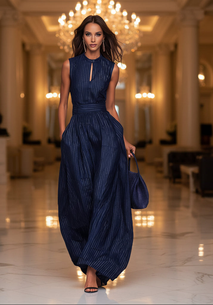 Women's navy blue striped sleeveless jumpsuit with high waist and wide-leg fit, French style from FitiqueFit.