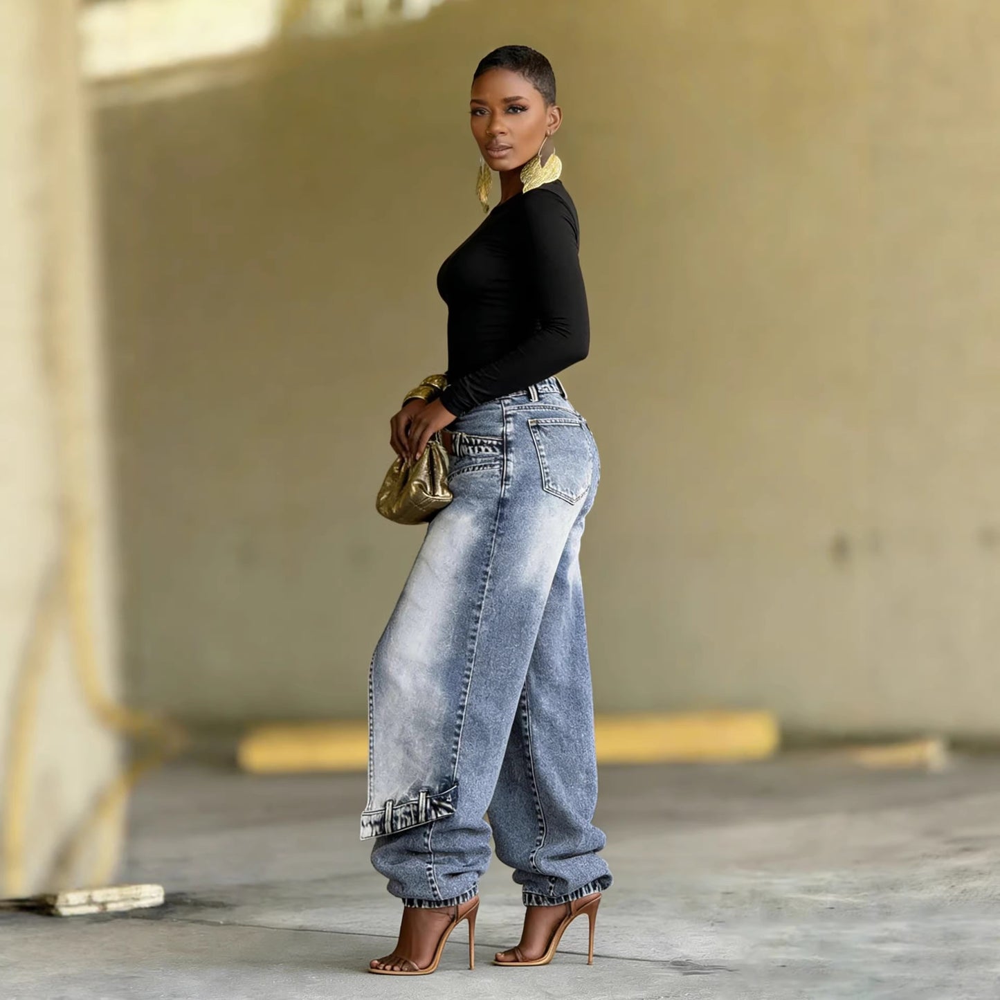 Deconstructed patchwork layered washed denim pants by Plush Fashion Hub showcasing a stylish, multi-textured denim design.