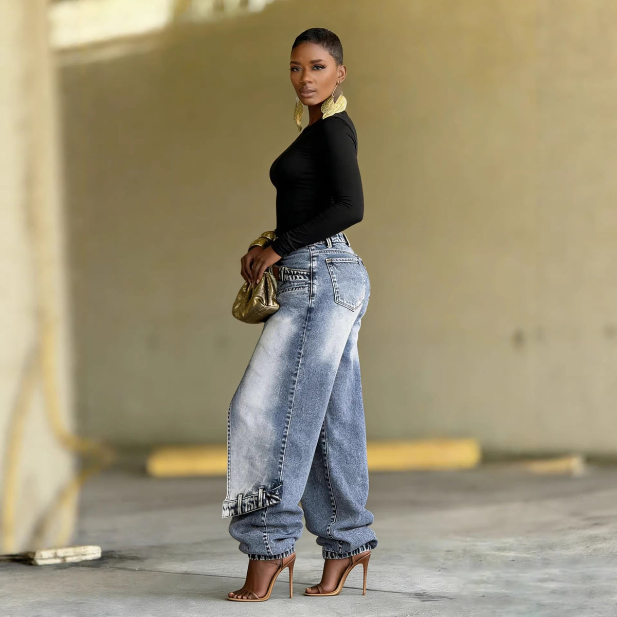 Deconstructed patchwork layered washed denim pants by Plush Fashion Hub showcasing a stylish, multi-textured denim design.