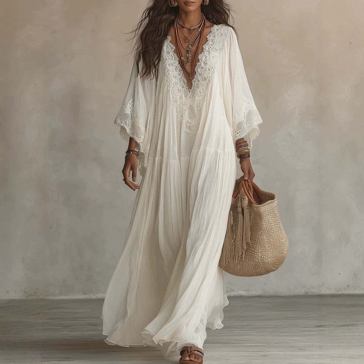 Lace patchwork V-neck long beach dress by eprolo, featuring flowing fabric and intricate lace details perfect for vacation wear.