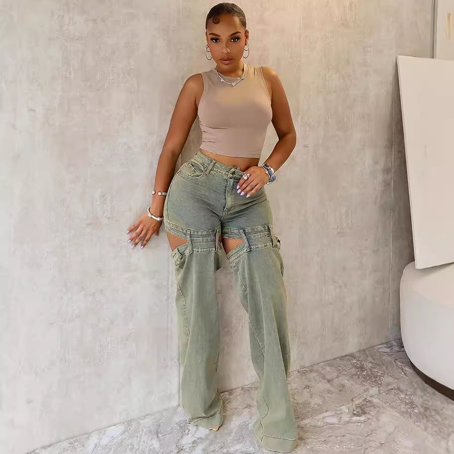 Women’s vintage washed cut-out wide-leg denim jeans by Plush Fashion Hub, showing distressed details and relaxed fit.