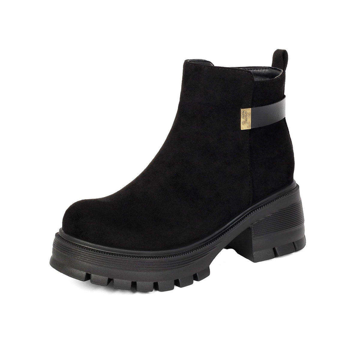 Black suede ankle boot with a chunky lug sole, block heel, and a side strap featuring a gold logo accent.