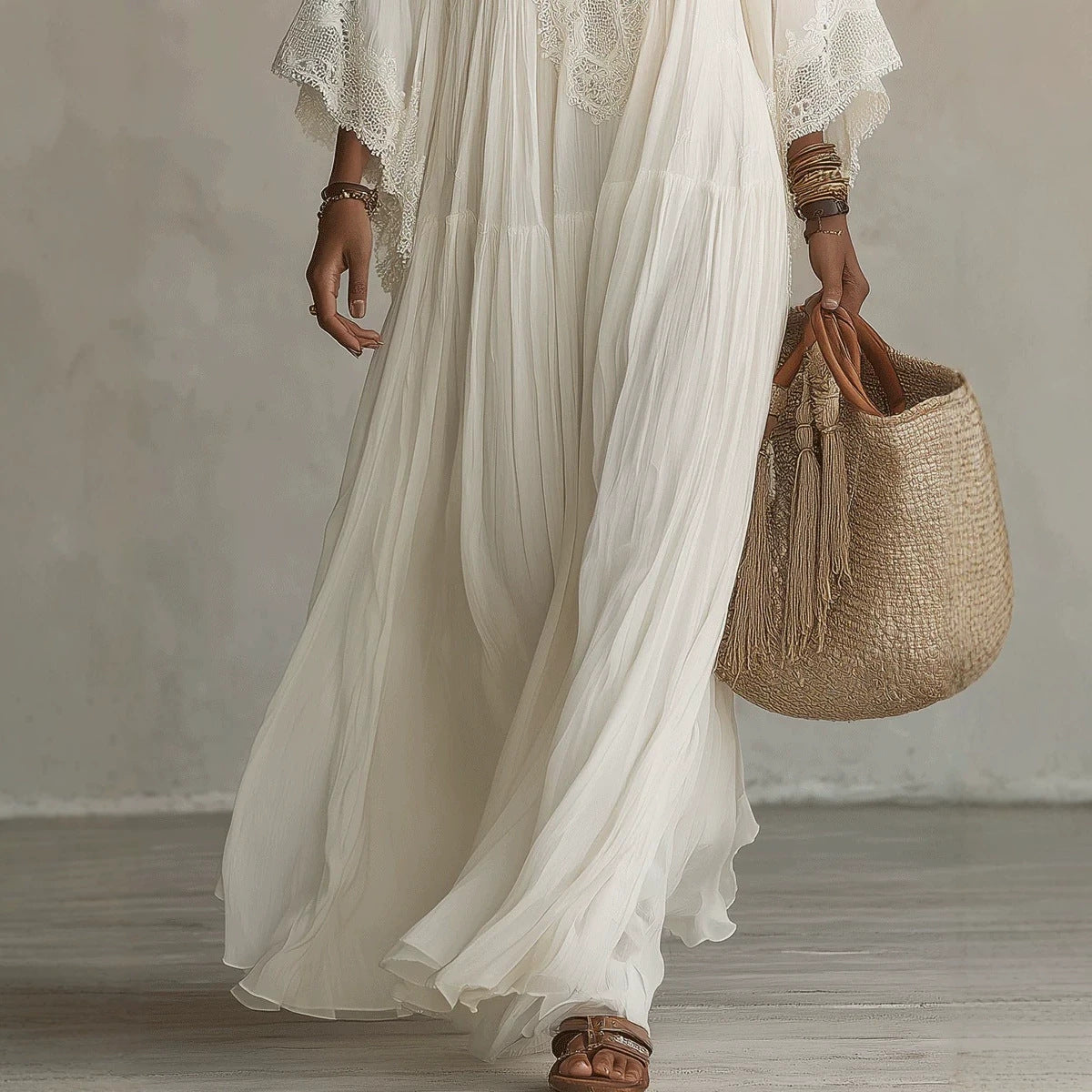 Eprolo lace patchwork V-neck long beach dress with flowing fabric, perfect for vacation and summer beach outings.