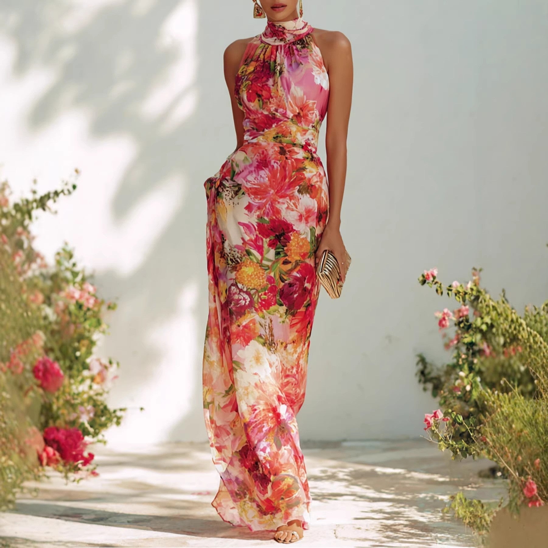 Elegant floral strapless chiffon maxi dress by FitiqueFit featuring a high-waist A-line silhouette for women.