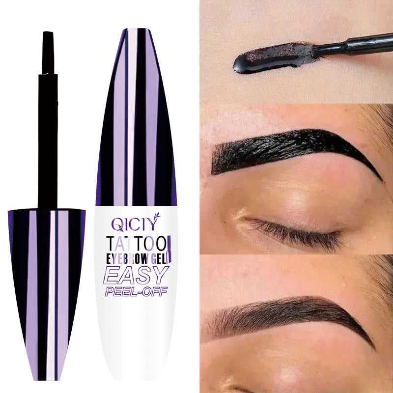 White and purple plastic peel-off eyebrow gel tube, wand, and application examples on skin and brow.