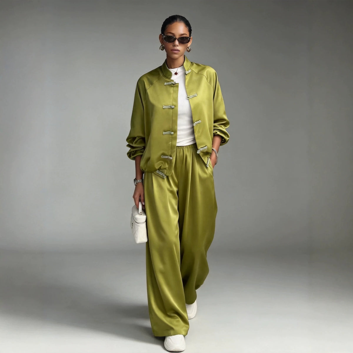Eprolo satin two-piece jumpsuit with hanging wide-leg pants and drawstring waist, stylish and comfortable for casual wear.