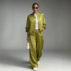 Women's Satin Two-Piece Set — Frog Button Jacket & Wide Leg Pants