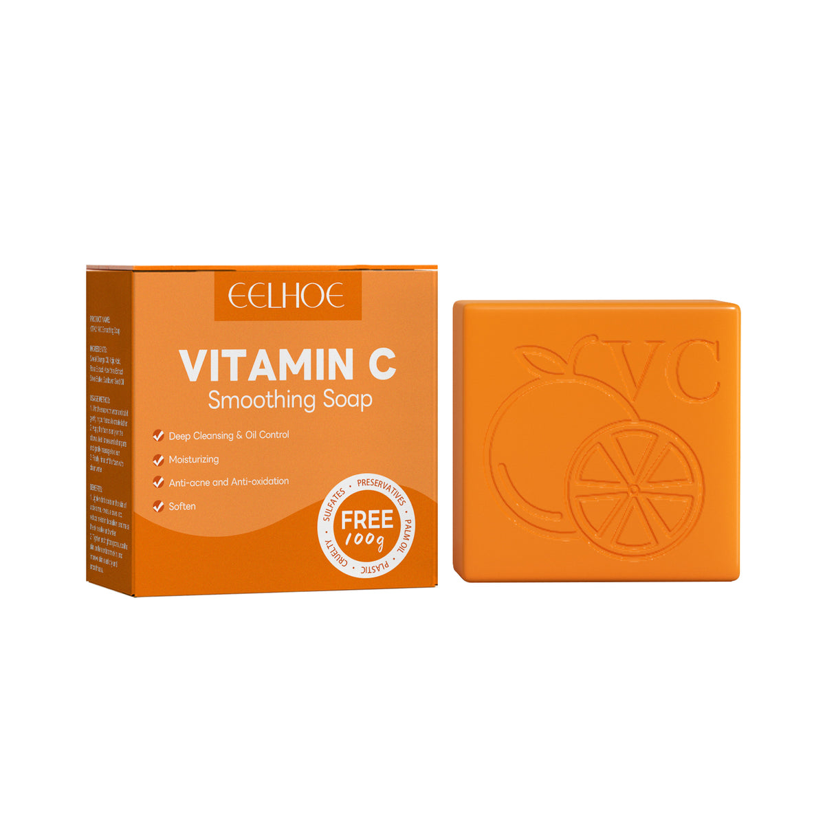 Orange Vitamin C smoothing soap in a matching orange box with white text and an embossed orange slice design.