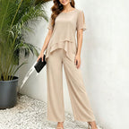Women's Irregular Hem Top and Wide Leg Pants two-piece set by FitiqueFit, featuring stylish matching top and pants, casual and chic.