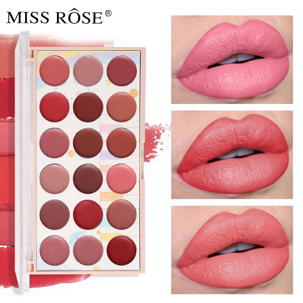 Miss Rose 18-color lipstick palette with assorted pink, red, and nude shades, shown with lip swatches.