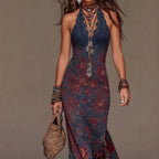 Women's Floral Print Halter Neck Deep V Lace Trim Mermaid Maxi Dress