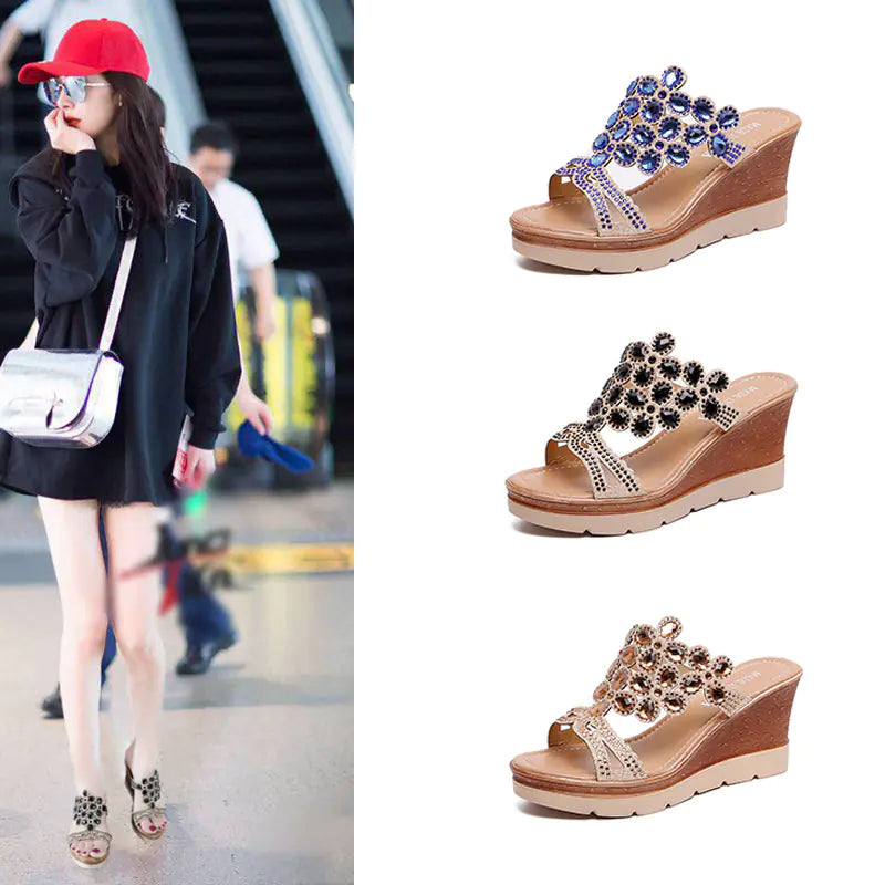 Women’s rhinestone platform sandals with heels, stylish slides with glittering embellishments and open toes from Trendy Attic Store01.