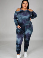 Plus size women's off-shoulder tie-dye casual suit, trendy women's plus size outfit with relaxed fit and vibrant pattern.