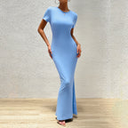 Elegant solid color slim fit women’s round neck dress from Trendy Attic Store01, featuring a sleek, modern design.