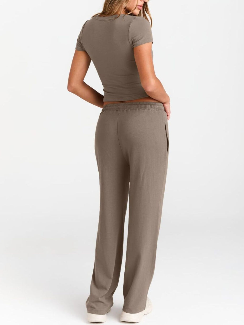Women's round neck short sleeve T-shirt and drawstring lounge set, casual 2-piece outfit by Trendsi, shown in a relaxed fit.