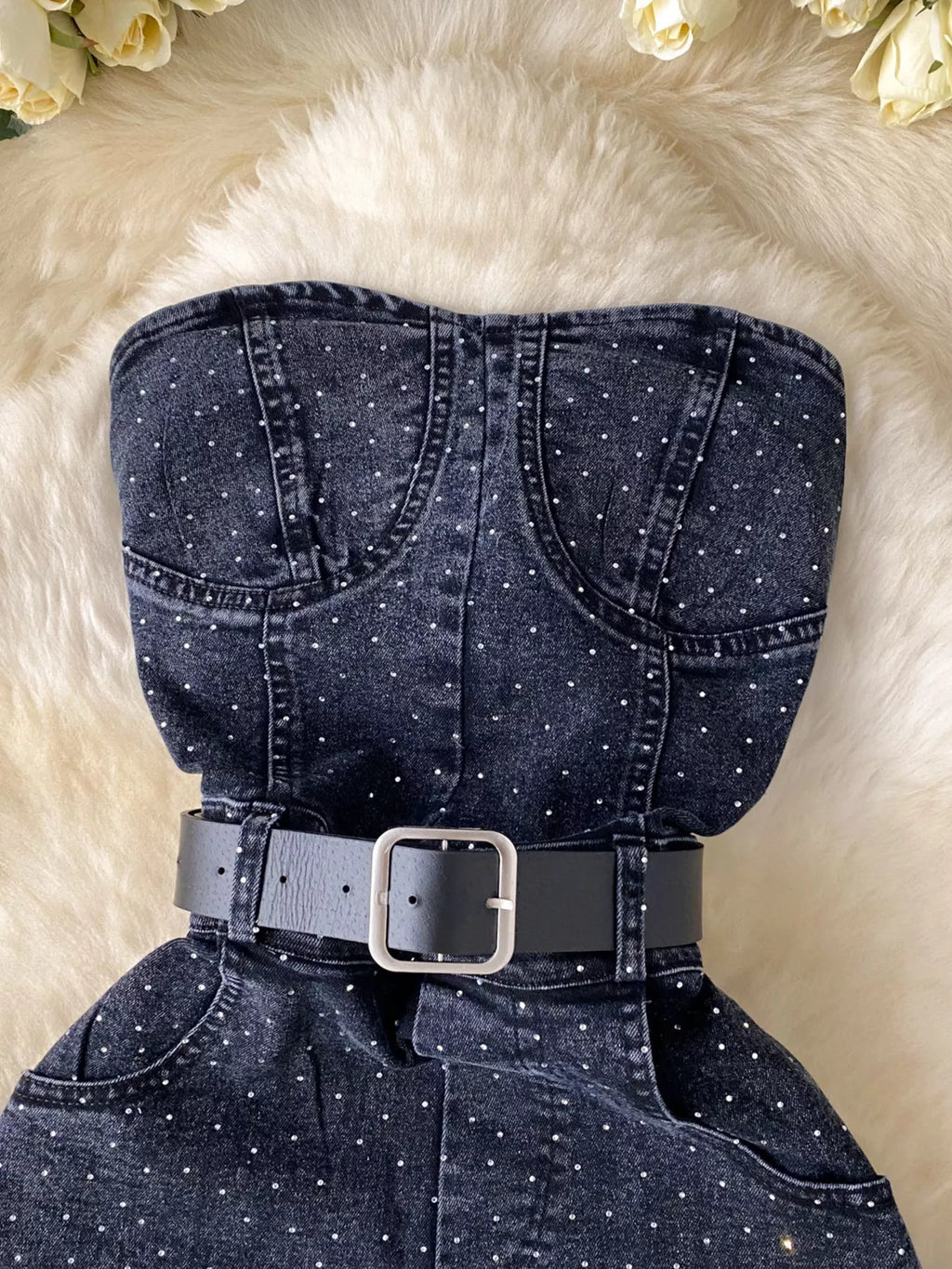 Strapless denim romper with pockets from Plush Fashion Hub, showcasing a full-body suit style on a model.