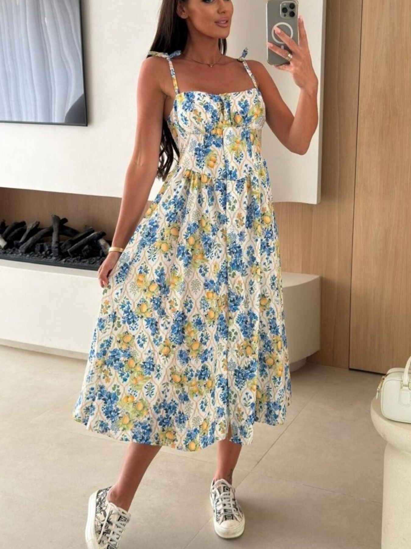Women's striped tie-shoulder midi dress by Trendsi, casual summer brunch dress with a relaxed fit and stylish design.