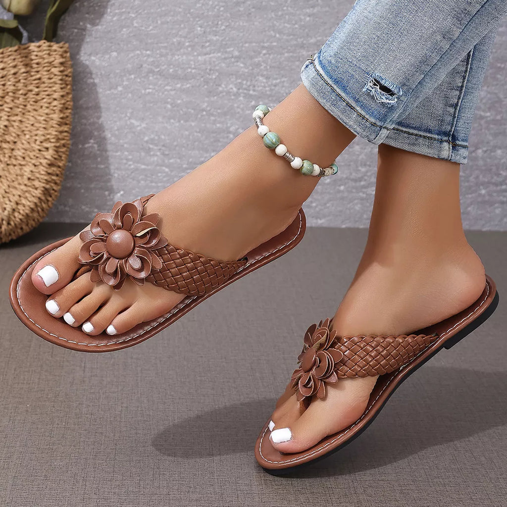Shopimist flower toe post sandals featuring colorful flower embellishments and comfortable slip-on design for summer wear.
