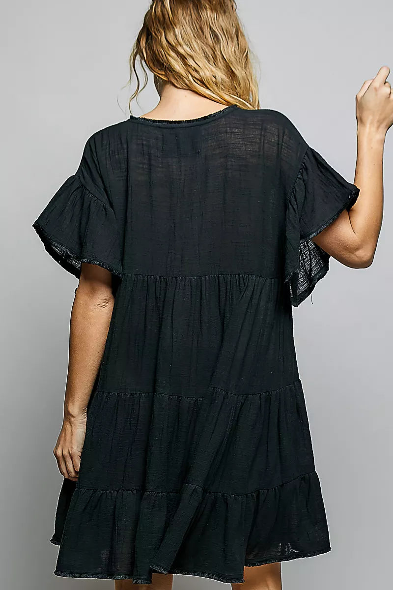 Shopimist POL ruffle shirred V-neck short sleeve cotton dress hanging on a hanger with ruffle details and a relaxed fit.