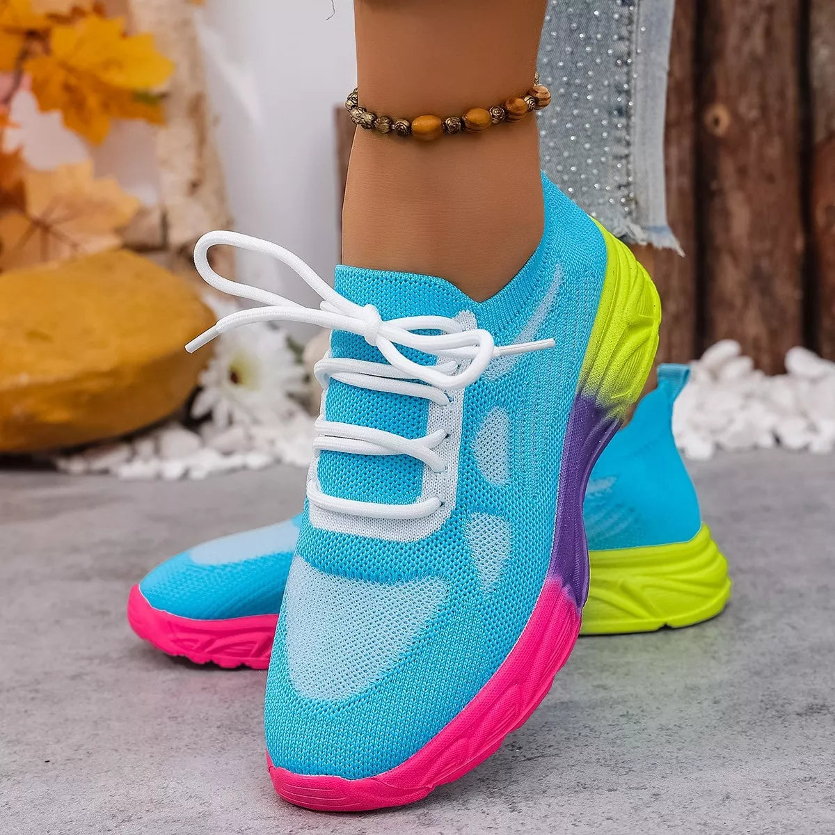 Plush Fashion Hub lace-up round toe sneakers with white and black design, casual footwear for everyday wear.