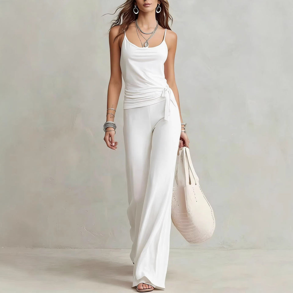 Women's solid color sleeveless top and pants two-piece casualwear set by FitiqueFit, featuring a comfortable sleeveless top and matching pants.