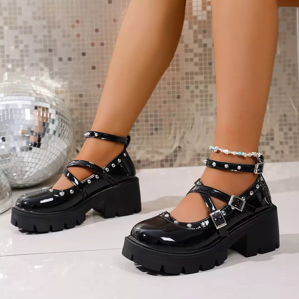Plush Fashion Hub platform Mary Jane sneakers with chunky heel and sandal design, featuring strap details and trendy style.