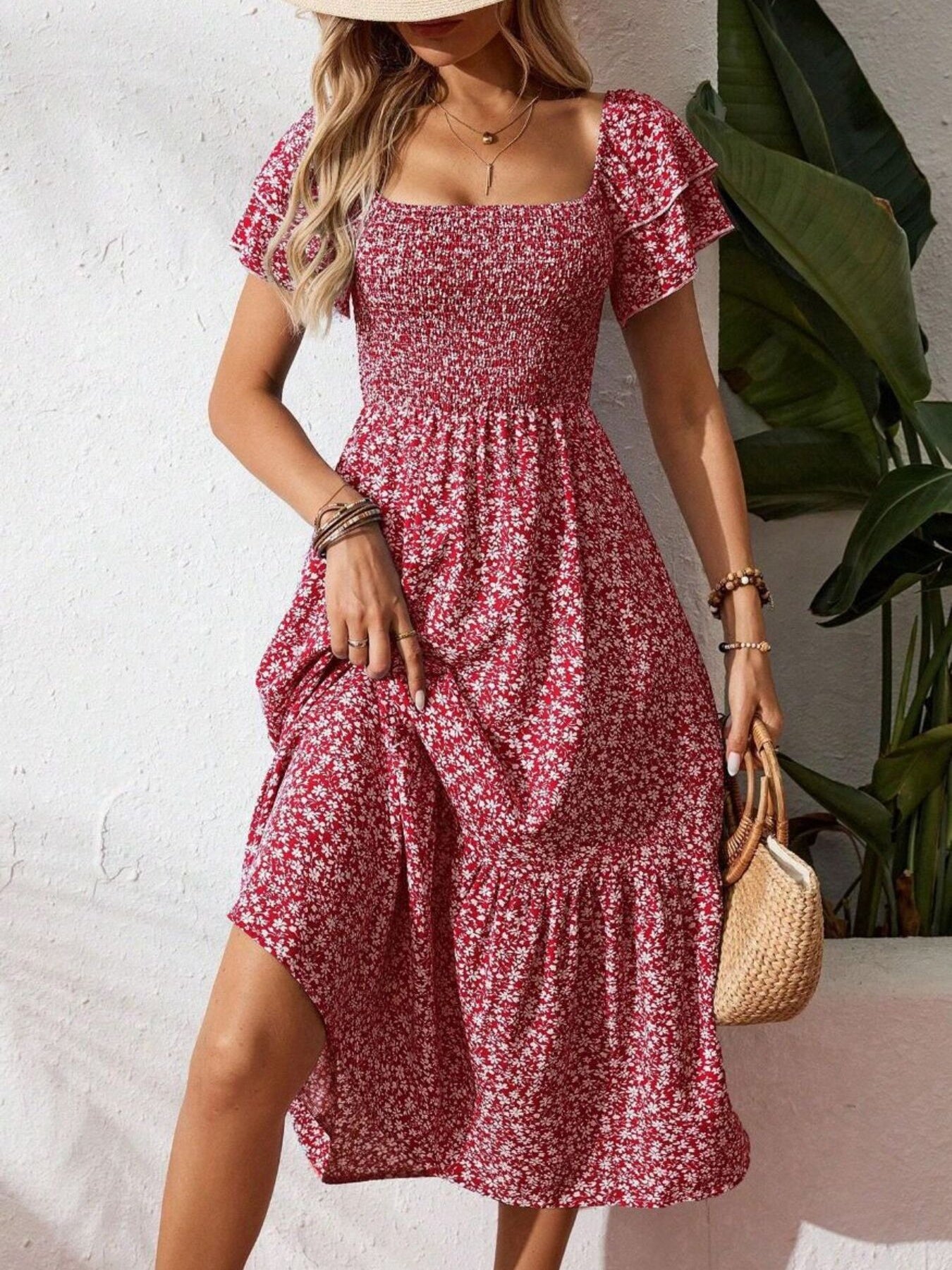 Floral print smocked ruffle sleeve midi dress by Trendsi, lightweight summer dress with feminine floral design and flowy silhouette